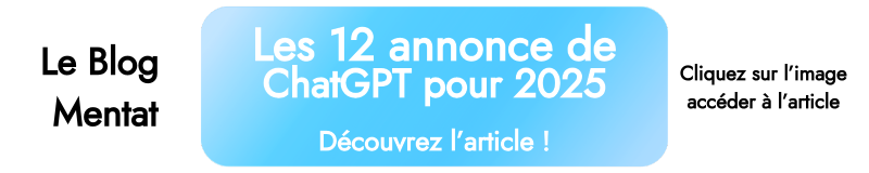 Bouton d’appel à l’action avec un fond bleu dégradé. Le texte annonce "Les 12 annonces de ChatGPT pour 2025" et invite à découvrir l’article, mettant en avant les avancées de l’IA.